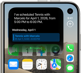 iPhone Duo, plegado; la pantalla exterior muestra una notificación de Siri AI que indica una actualización del calendario