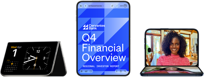 iPhone Duo en varias posiciones: orientación horizontal invertida y abierta, desplegado con un ligero ángulo, pantalla exterior, diseño de pantalla completa. Ligeramente abierto, como un libro, y en posición vertical. Abierto en orientación horizontal, desplegado en ángulo recto, pantalla interior, diseño de pantalla completa