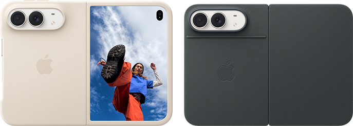 iPhone Duo, color blanco estrella con funda de silicona color arena, orientación apaisada, totalmente abierto en horizontal, cámaras Dual Fusion en la parte superior izquierda; la funda cubre la parte trasera y el borde exterior de la pantalla frontal; el lado derecho muestra el retrato de una persona en la pantalla exterior. iPhone Duo, color blanco estrella, totalmente abierto en horizontal, funda tipo folio azul marino con soporte, totalmente abierto en horizontal; la parte trasera muestra las cámaras traseras Dual Fusion de 48 MP, con dos lentes
