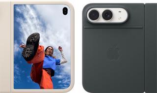 iPhone Duo, color blanco estrella con funda de silicona color arena, orientación apaisada, totalmente abierto en horizontal, cámaras Dual Fusion en la parte superior izquierda; la funda cubre la parte trasera y el borde exterior de la pantalla frontal; el lado derecho muestra el retrato de una persona en la pantalla exterior. iPhone Duo, color blanco estrella, totalmente abierto en horizontal, funda tipo folio azul marino con soporte, totalmente abierto en horizontal; la parte trasera muestra las cámaras traseras Dual Fusion de 48 MP, con dos lentes