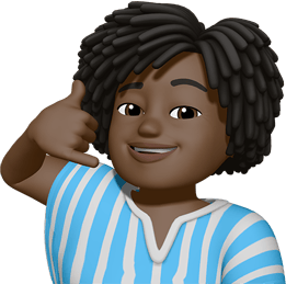Memoji de una persona con una camiseta a rayas, haciendo una Y con la mano derecha, con el pulgar en la oreja y el meñique hacia la barbilla, haciendo el gesto de llámame.