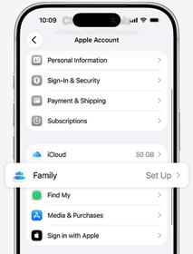 iPhone, pantalla en la que se muestran los ajustes de la cuenta de Apple, con la opción de configuración de Compartir en familia resaltada