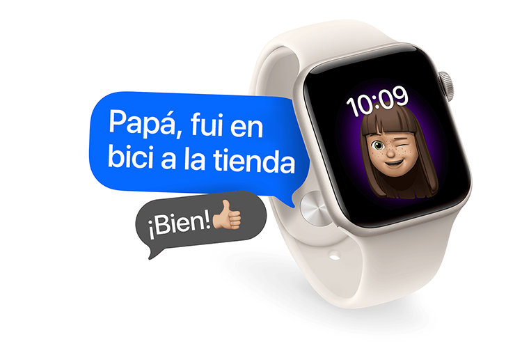 Apple Watch SE 3, caja de aluminio en color blanco estelar, correa deportiva en color blanco estelar, Memoji guiñando el ojo con la hora en pantalla, dos burbujas de texto: en una se lee Papá, fui en bici a la tienda” y en la otra, ¡Bien! con un emoji de pulgar hacia arriba