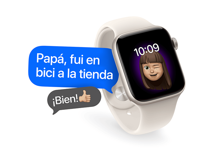 Apple Watch SE 3, caja de aluminio en color blanco estelar, correa deportiva en color blanco estelar, Memoji guiñando el ojo con la hora en pantalla, dos burbujas de texto: en una se lee Papá, fui en bici a la tienda” y en la otra, ¡Bien! con un emoji de pulgar hacia arriba