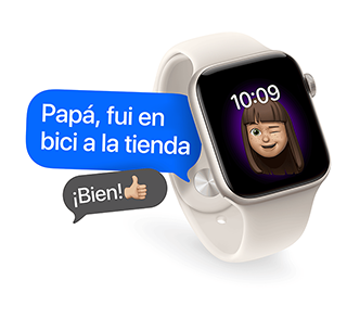 Apple Watch SE 3, caja de aluminio en color blanco estelar, correa deportiva en color blanco estelar, Memoji guiñando el ojo con la hora en pantalla, dos burbujas de texto: en una se lee Papá, fui en bici a la tienda” y en la otra, ¡Bien! con un emoji de pulgar hacia arriba