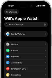 En la pantalla del iPhone se ve: el Apple Watch de Will en la parte de arriba y, debajo, aparecen las opciones de configuración, incluidos los Relojes de la familia
