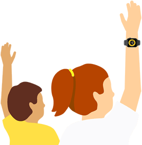 Ilustración de dos niños, cada uno con una mano levantada; uno de ellos lleva un Apple Watch