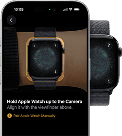 Pantalla de vinculación del Apple Watch: una muñeca con el Apple Watch puesto, con la caja del reloj alineada con el visor de la cámara en amarillo que aparece en pantalla, junto con instrucciones para la vinculación