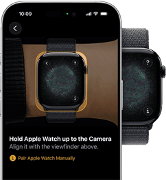 Pantalla de vinculación del Apple Watch: una muñeca con el Apple Watch puesto, con la caja del reloj alineada con el visor de la cámara en amarillo que aparece en pantalla, junto con instrucciones para la vinculación