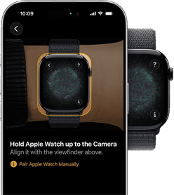 Pantalla de vinculación del Apple Watch: una muñeca con el Apple Watch puesto, con la caja del reloj alineada con el visor de la cámara en amarillo que aparece en pantalla, junto con instrucciones para la vinculación