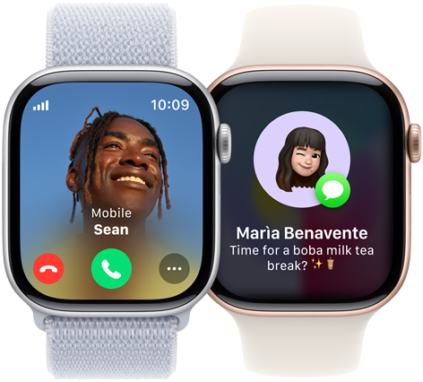 Una llamada entrante en un Apple Watch Series 10 y un mensaje de texto entrante en otro Apple Watch Series 10