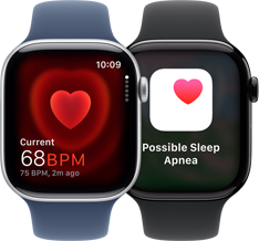 La app Frecuencia Cardíaca mostrando una lectura actual de 68 BPM y la pantalla de notificación de apnea del sueño en dos dispositivos Apple Watch Series 10 distintos