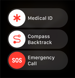 El control deslizable de Llamada de emergencia se muestra junto a los controles de Ficha médica y Retornar con Brújula