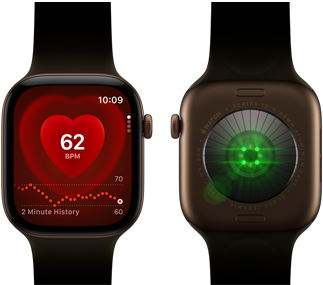 Dos dispositivos Apple Watch Series 12, con funda de aluminio, color bronce oscuro y pulsera deportiva de color oliva; uno muestra la app Frecuencia cardiaca y el otro presenta el sistema de monitorización de salud en la parte trasera del reloj, con luces LED verdes brillantes.