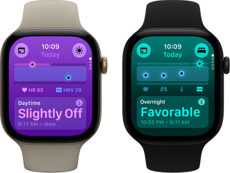 Dos dispositivos Apple Watch Series 12: funda de aluminio, color oro claro, signos vitales diurnos ligeramente anómalos, Digital Crown, pulsera deportiva color arena; estuche de aluminio, color negro, signos vitales nocturnos favorables, Digital Crown, pulsera deportiva negra
