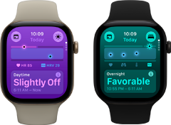 Dos dispositivos Apple Watch Series 12: funda de aluminio, color oro claro, signos vitales diurnos ligeramente anómalos, Digital Crown, pulsera deportiva color arena; estuche de aluminio, color negro, signos vitales nocturnos favorables, Digital Crown, pulsera deportiva negra