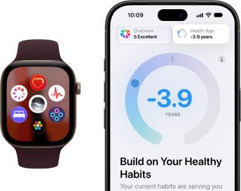Apple Watch Series 12, funda de aluminio, color negro, carátula con iconos de apps: Control del Ciclo, frecuencia cardiaca, ECG, monitoreo del sueño, Siri AI, Signos Vitales, cuadrícula de apps, pulsera deportiva color burdeos, iPhone con Health Age en la app Salud