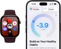 Apple Watch Series 12, funda de aluminio, color negro, carátula con iconos de apps: Control del Ciclo, frecuencia cardiaca, ECG, monitoreo del sueño, Siri AI, Signos Vitales, cuadrícula de apps, pulsera deportiva color burdeos, iPhone con Health Age en la app Salud