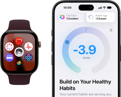Apple Watch Series 12, funda de aluminio, color negro, carátula con iconos de apps: Control del Ciclo, frecuencia cardiaca, ECG, monitoreo del sueño, Siri AI, Signos Vitales, cuadrícula de apps, pulsera deportiva color burdeos, iPhone con Health Age en la app Salud
