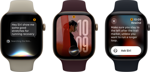 Tres dispositivos Apple Watch Series 12: uno con funda de aluminio color oro claro, conversación de Siri AI y pulsera deportiva color arena; otro con funda de aluminio color oro claro, foto personalizada en la esfera con complicación de Siri AI y pulsera deportiva color burdeos; y uno con funda de aluminio gris espacial, Siri Recap y pulsera deportiva negra