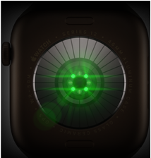Parte posterior del Apple Watch Series 12, funda de aluminio, color bronce oscuro, múltiples sensores redondos con luces LED verdes brillantes, exterior del lado izquierdo, Digital Crown, pulsera deportiva color oliva