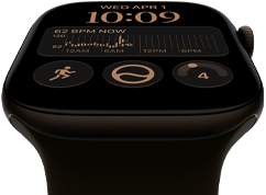 Apple Watch Series 12, funda de aluminio, color bronce oscuro, esfera Modular, complicaciones: día y fecha, Entrenamientos, anillos de Actividad, Apple Music, exterior del lado derecho, Digital Crown, pulsera deportiva color oliva