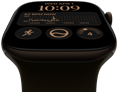 Apple Watch Series 12, funda de aluminio, color bronce oscuro, esfera Modular, complicaciones: día y fecha, Entrenamientos, anillos de Actividad, Apple Music, exterior del lado derecho, Digital Crown, pulsera deportiva color oliva