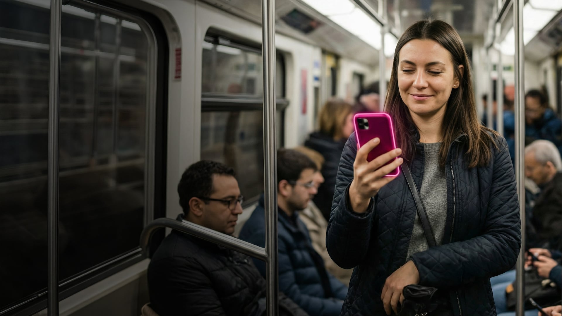 Una mujer va en metro y sonríe a su teléfono que emite un resplandor magenta de T-Mobile.