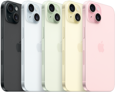 Vista posterior del iPhone 15 mostrando el sistema de cámaras avanzadas y el vidrio con infusión de color en todos los acabados: negro, azul, verde, amarillo y rosa.