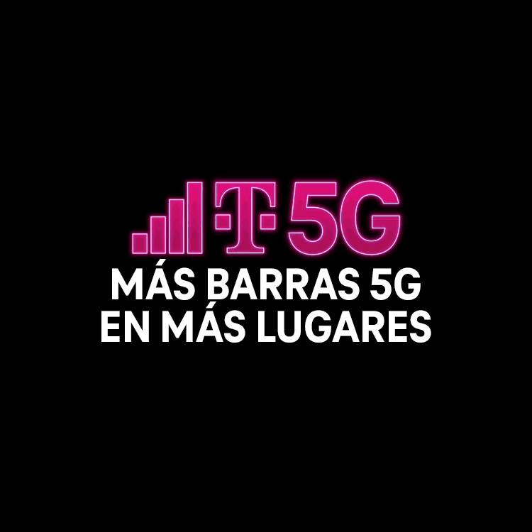 Un logotipo animado de T-Mobile 5G con el eslogan: Más barras 5G en más lugares.