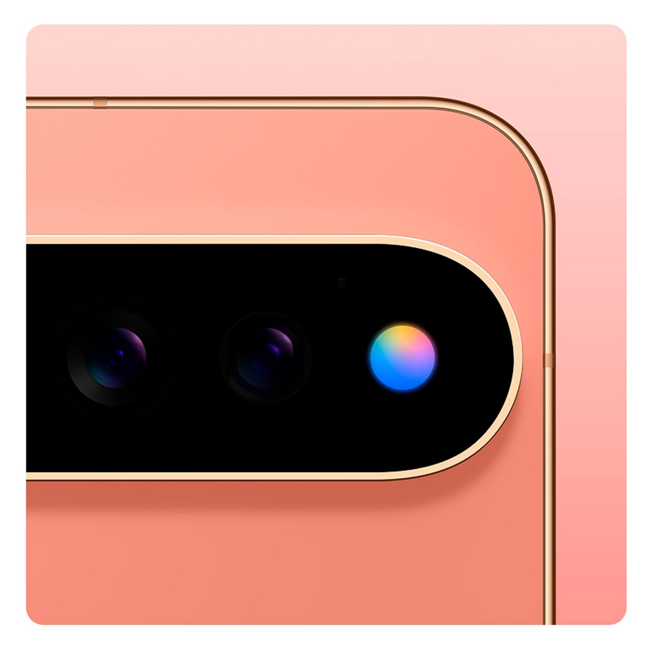 Primer plano de la cámara del teléfono Google Pixel 11 Pro XL en color Aurora sobre un fondo rosa claro