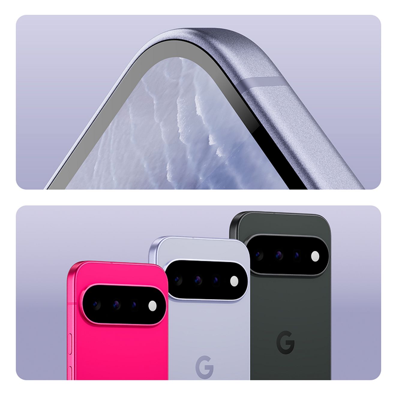 Primer plano del teléfono Google Pixel 11 sobre la línea de teléfonos Pixel 11 magenta, malva y negro.