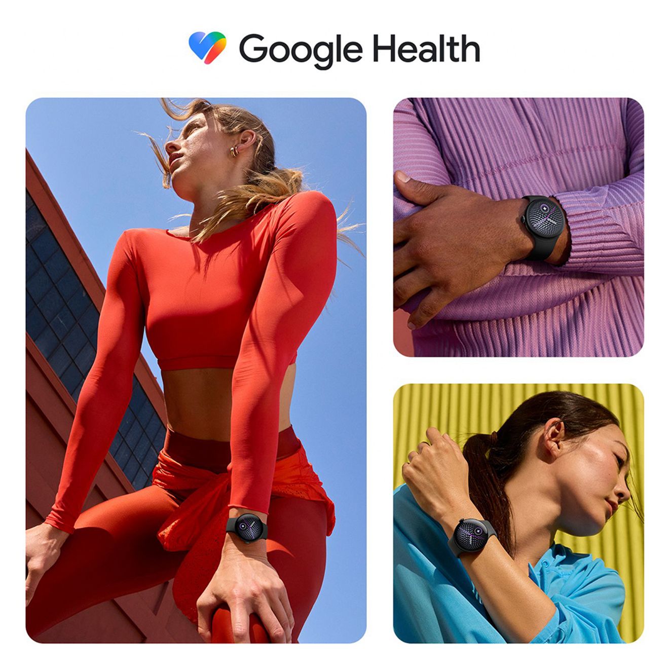 Instantáneas de tres personas en lugares exteriores separados que visten ropa deportiva de colores brillantes junto con sus dispositivos Google Pixel Watch 5 (41 mm).