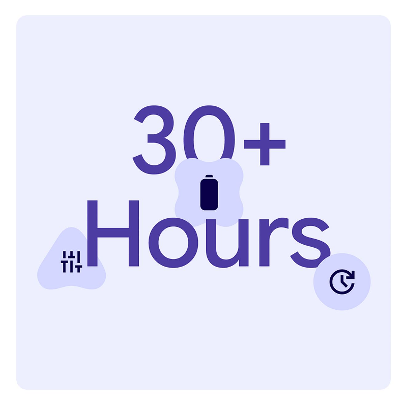Texto que dice "Más de 30 horas", rodeado por un ícono de nivel de batería, un ícono de filtros y un ícono de temporizador.