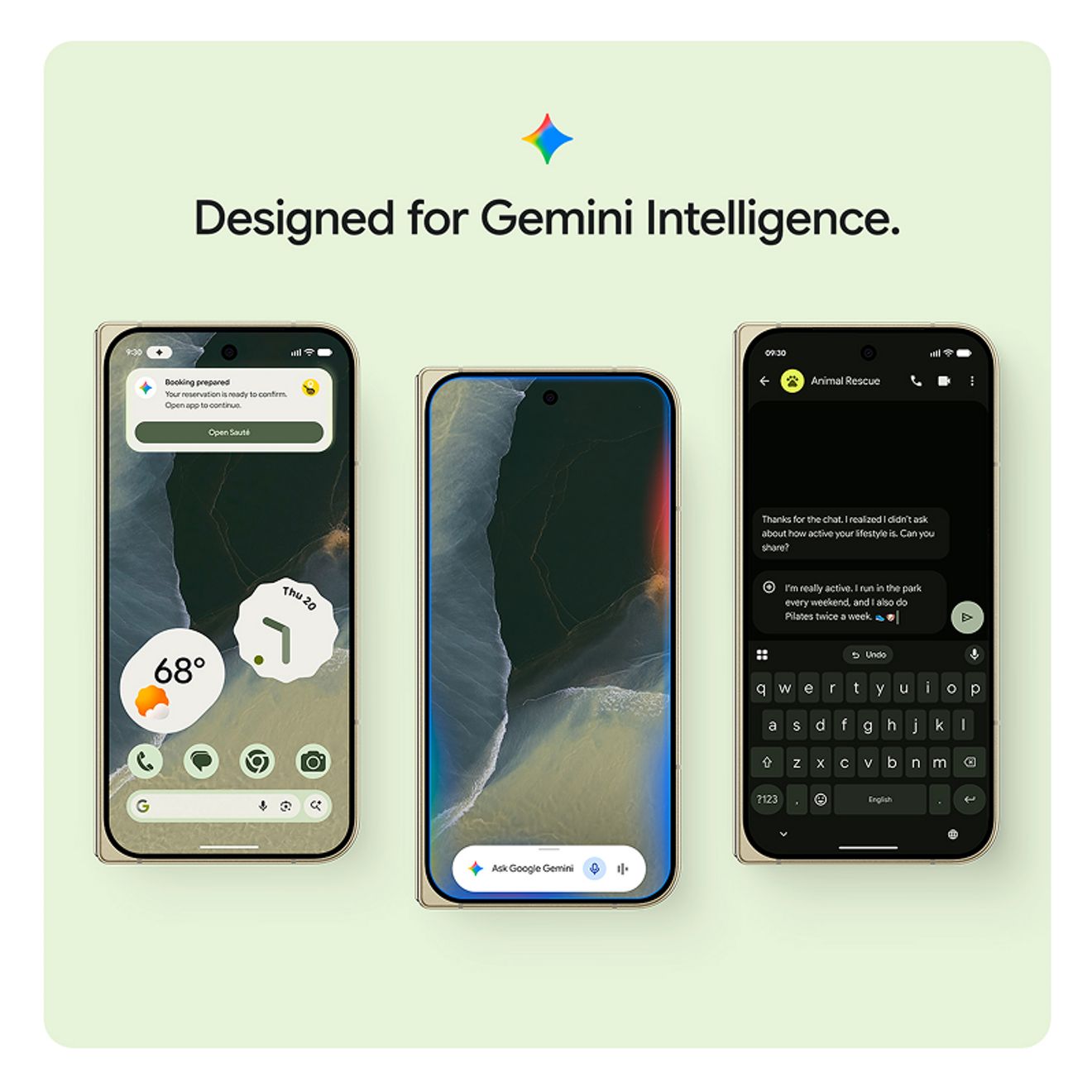 Se muestra tres veces un teléfono Google Pixel en el que se ven varias cosas en las que Gemini Intelligence puede ayudarte: hacer una reserva, mostrar el pronóstico del tiempo local, responder preguntas y echarte una mano en los chats