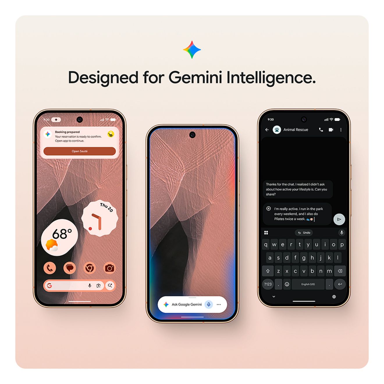 Se muestra tres veces un teléfono Google Pixel en el que se ven varias cosas en las que Gemini Intelligence puede ayudarte: hacer una reserva, mostrar el pronóstico del tiempo local, responder preguntas y echarte una mano en los chats