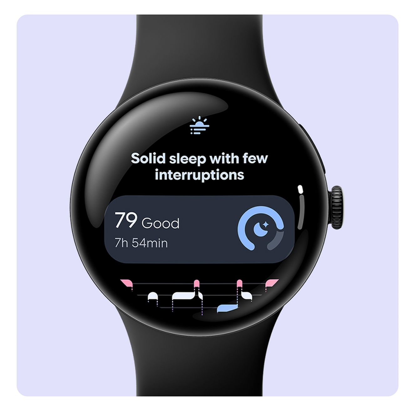 Google Pixel Watch 5 (41 mm) con caja y pulsera negras. La pantalla indica un sueño reparador con pocas interrupciones, una puntuación de sueño de 79, calificada como buena, y un tiempo de sueño de 7 horas y 54 minutos.