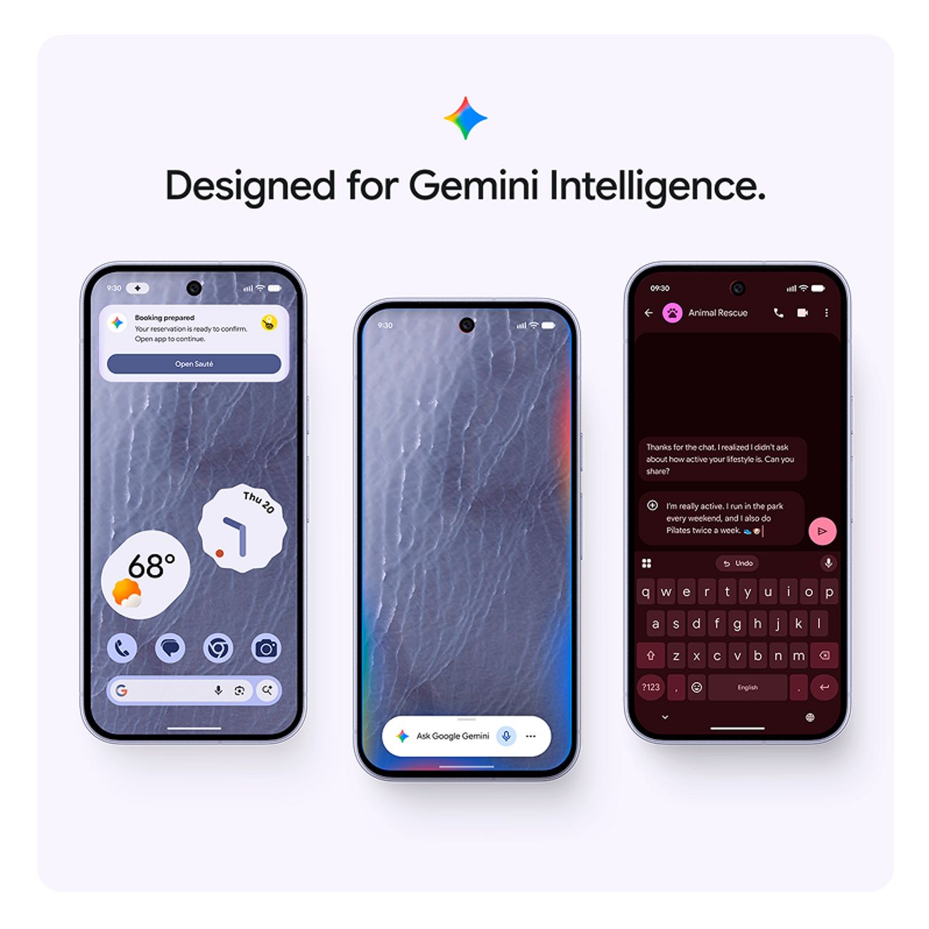 Teléfono Google Pixel Pro XL que aparece tres veces mostrando distintas cosas con las que Gemini Intelligence puede ayudarte: hacer una reserva, mostrar el clima local, responder preguntas y ayudarte con tus chats.