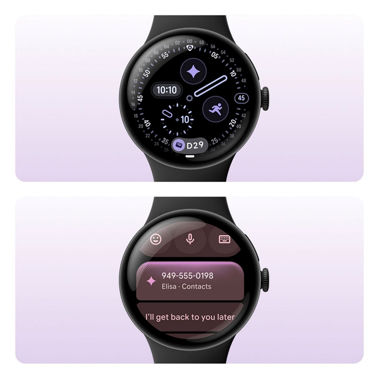 Dos dispositivos Google Pixel Watch 5 (41mm) con pulseras negras. En sus pantallas se muestra la hora, el clima, sugerencias de respuestas por mensaje de texto y mucho más.