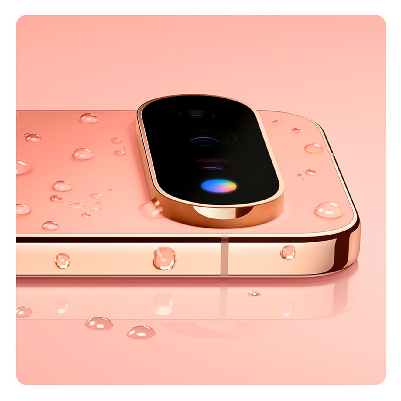 Primer plano de la parte trasera del Google Pixel 11 Pro XL en color Aurora sobre un fondo rosa claro. El teléfono y el fondo están salpicados de gotitas de agua