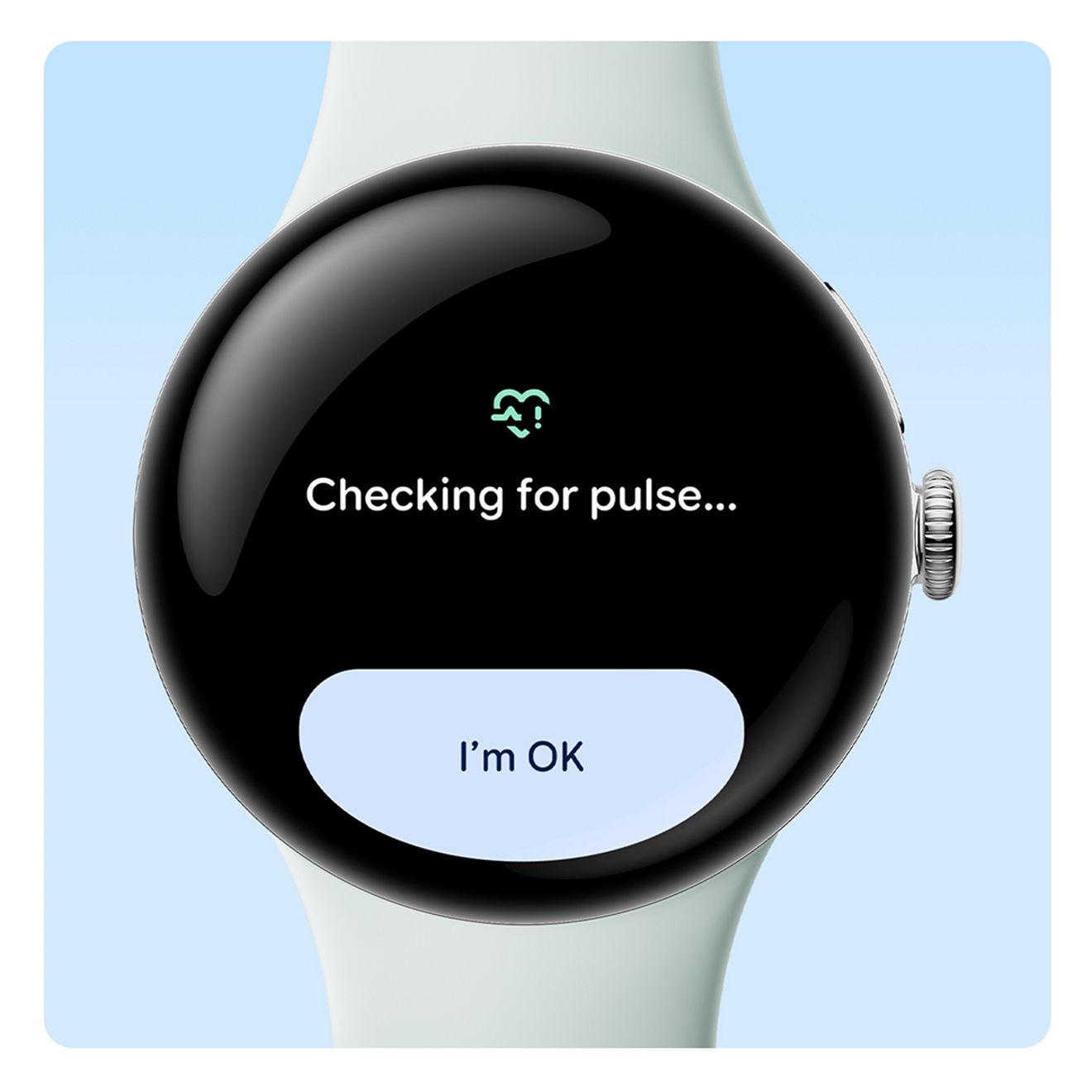 Primer plano de la caja del Google Pixel Watch 5 (41 mm) con pulsera blanca. La pantalla indica que la función Detección de pulso está comprobando el pulso y muestra el mensaje "Estoy bien".