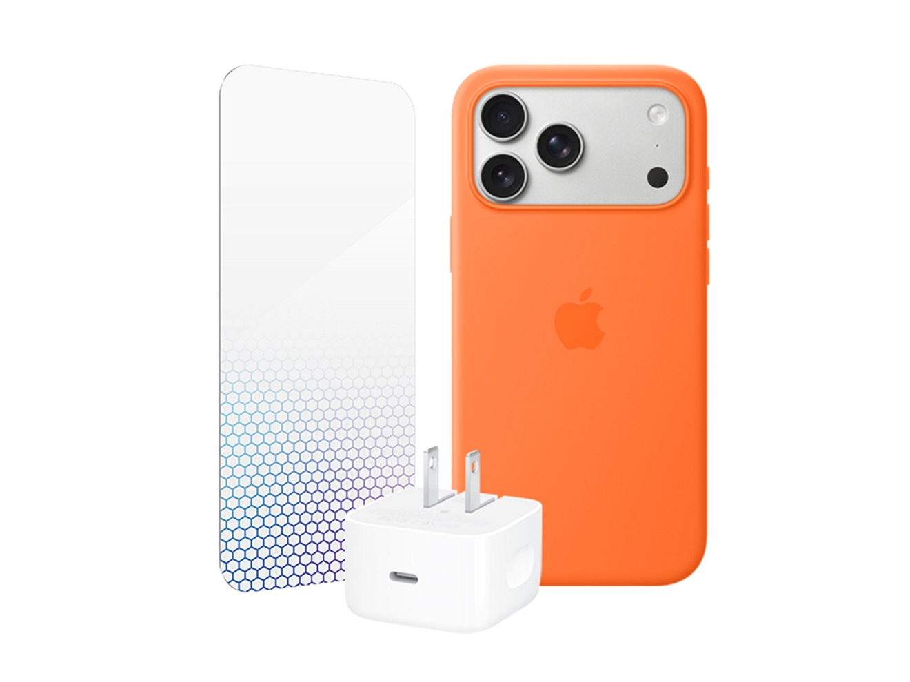 Un iPhone con una funda de color naranja, un protector de pantalla y un cargador Apple de 40 w.
