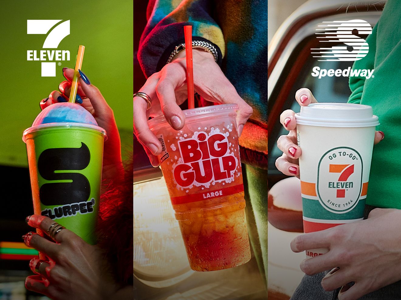 Una bebida Slurpee grande, una bebida Big Gulp y un café de 7-Eleven.