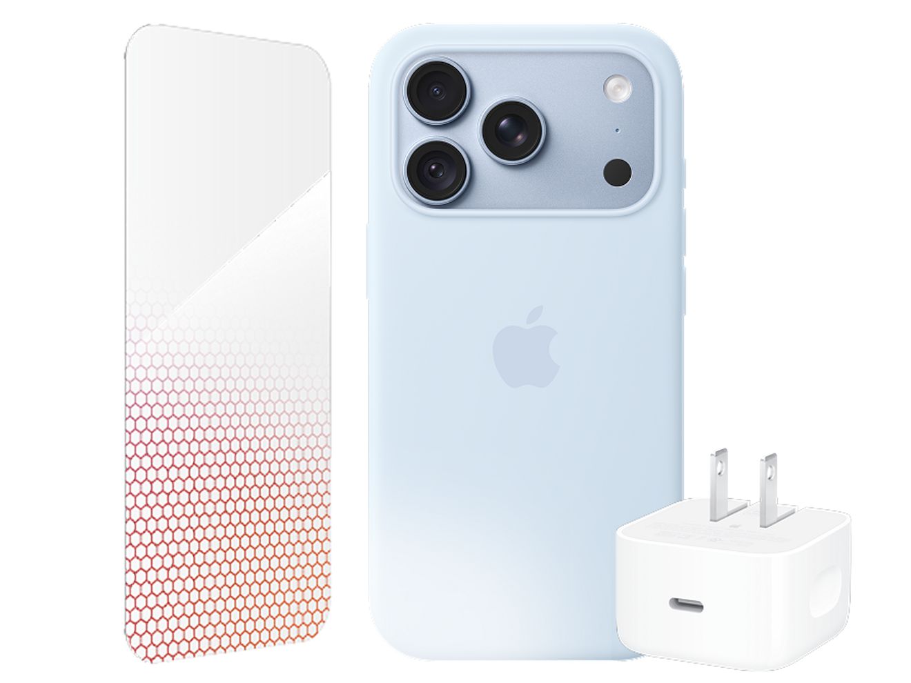 Un iPhone en una funda, un protector de pantalla y un dispositivo de carga Apple de 40 w
