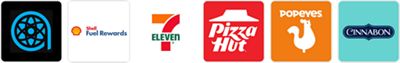 Atom Tickets, Shell Fuel Rewards, 7-11, Pizza Hut, Popeyes y Cinnabon.