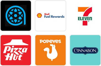 Atom Tickets, Shell Fuel Rewards, 7-11, Pizza Hut, Popeyes y Cinnabon.