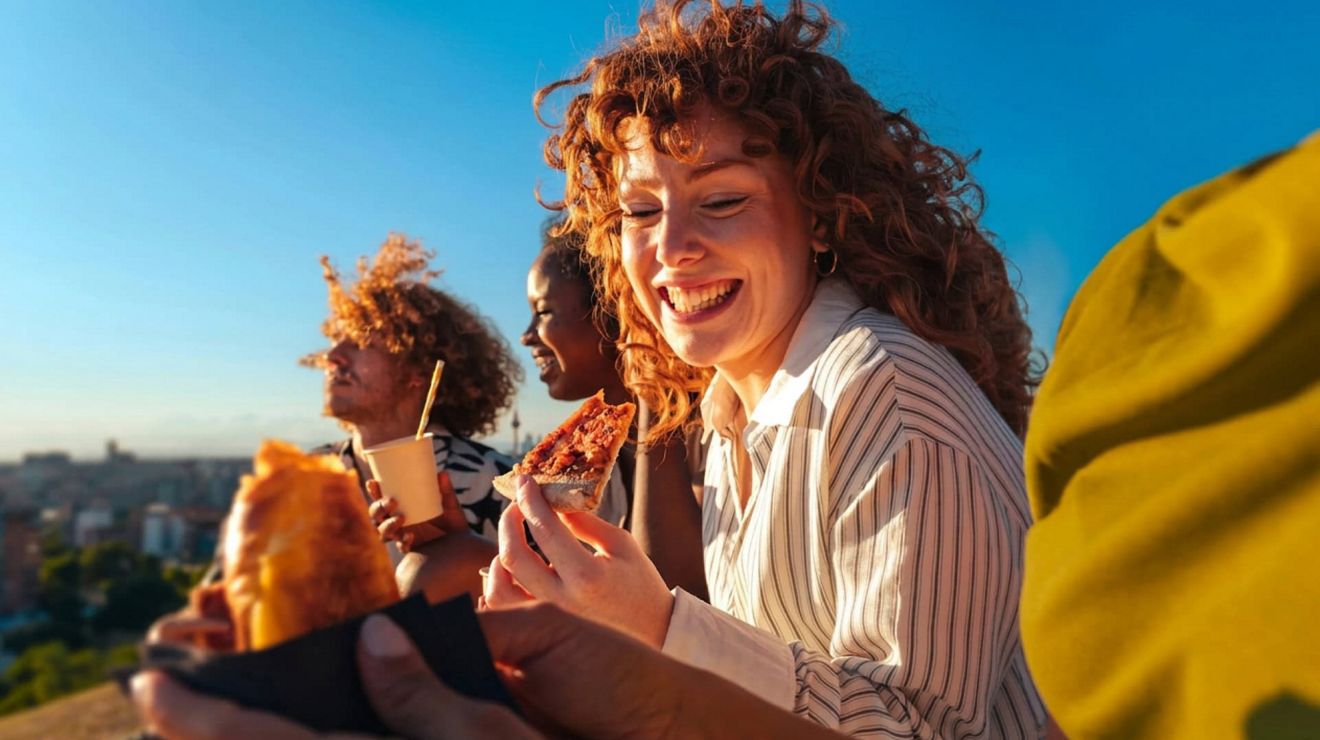 Una mujer sonriente comiendo pizza con sus amigos en una ladera con vistas a la ciudad.