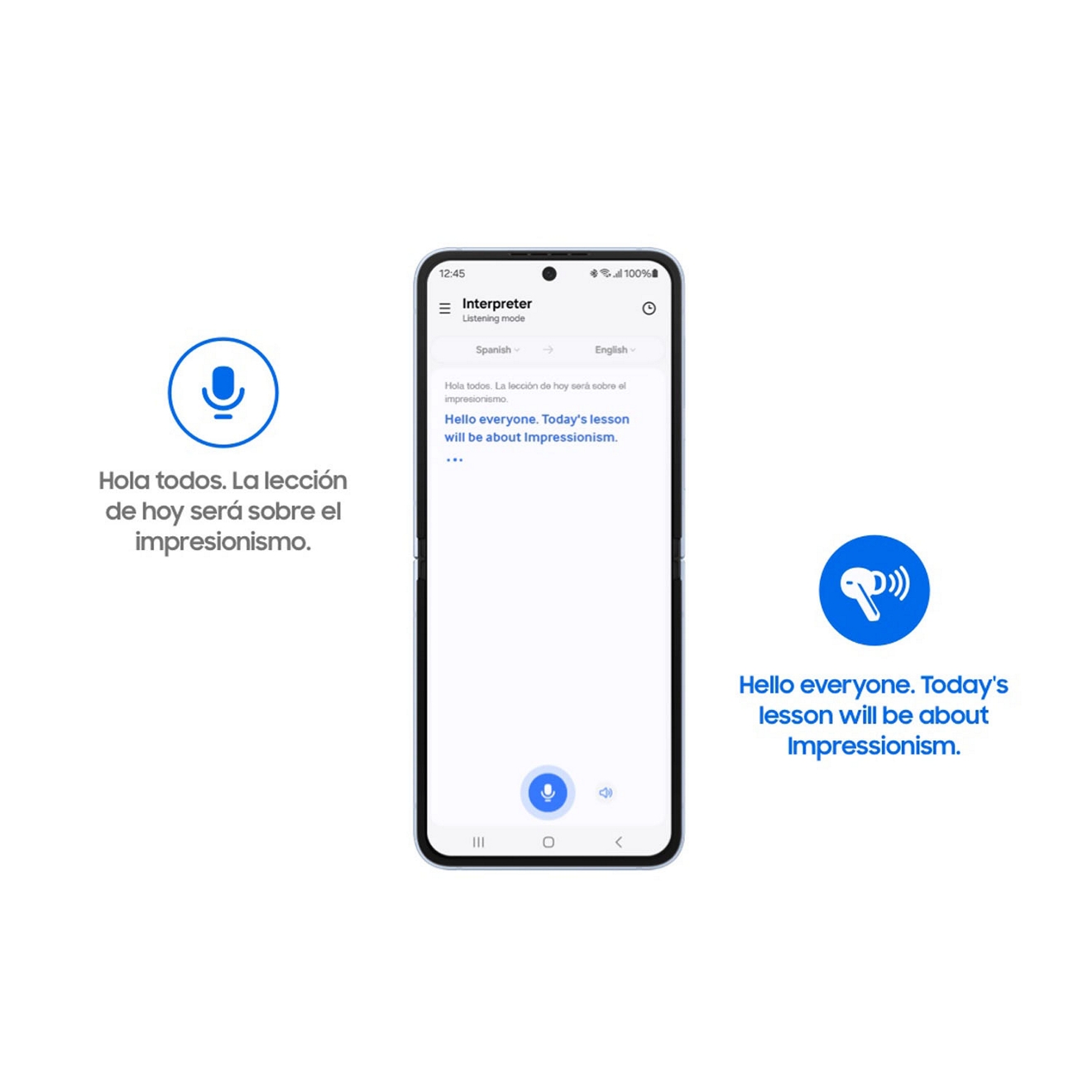 La pantalla de un teléfono muestra una app de interpretación con un botón de micrófono y una línea de texto en inglés.