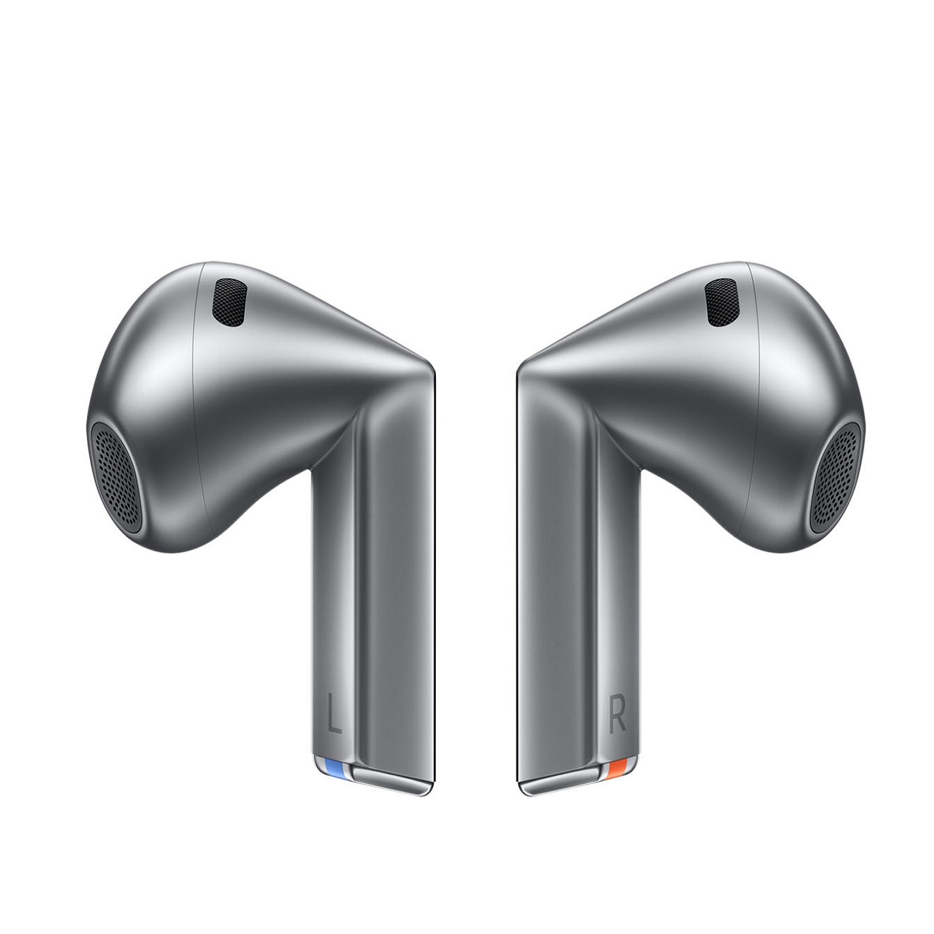 Se muestran dos Galaxy Buds3 con una luz azul en la base del izquierdo y una luz roja en la base del derecho.