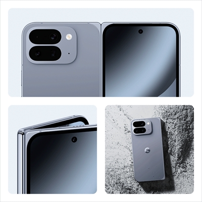 Tres imágenes en mosaico que muestran el exterior del Pixel 10 Pro Fold abierto, un primer plano de la pantalla frontal del Pixel 10 Pro Fold y el Pixel 10 Pro Fold con la pantalla hacia abajo sobre un montón de polvo gris.